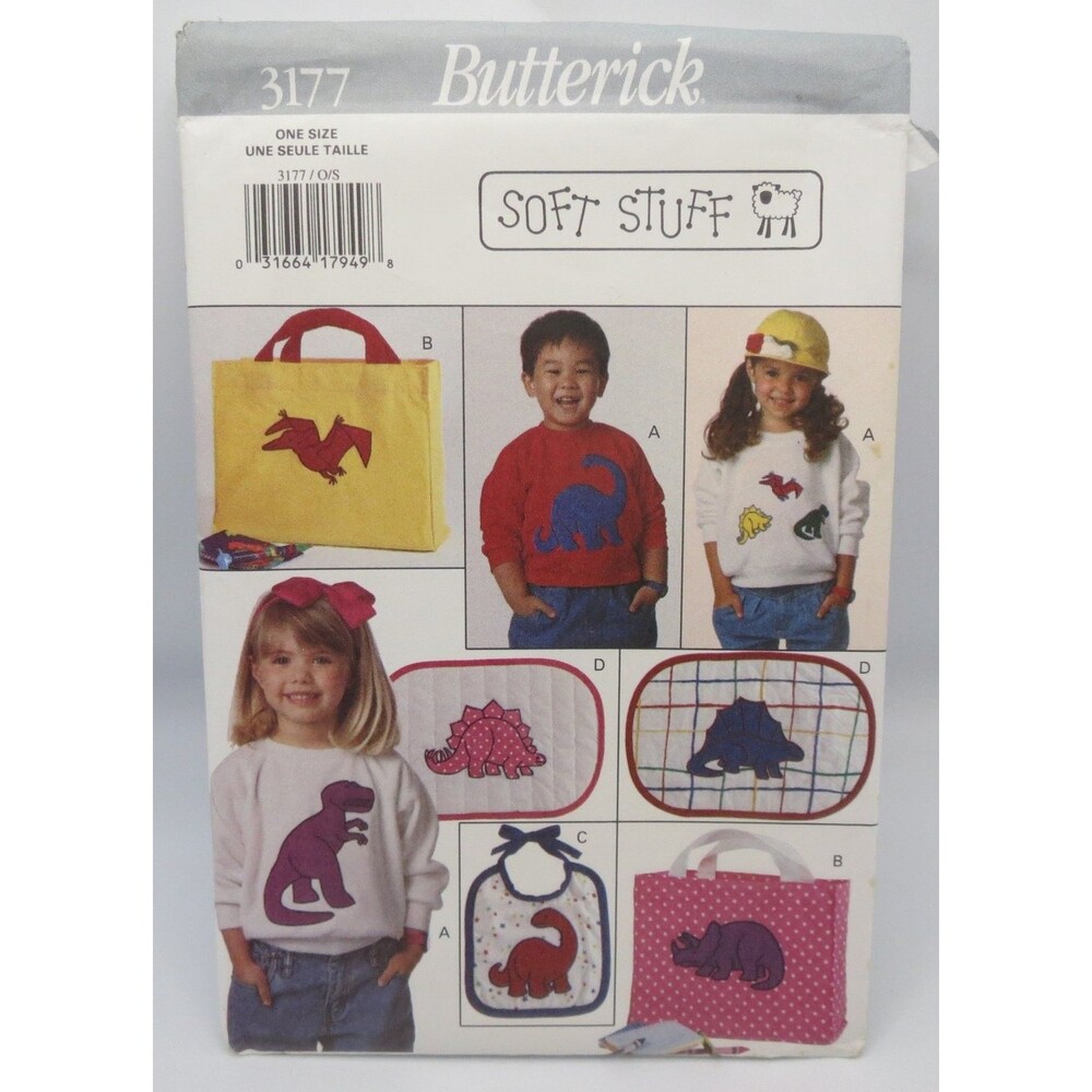 Butterick 3177 Dinosaur Appliques Tote Bag Bib Placemat One Size 1993 Vintage